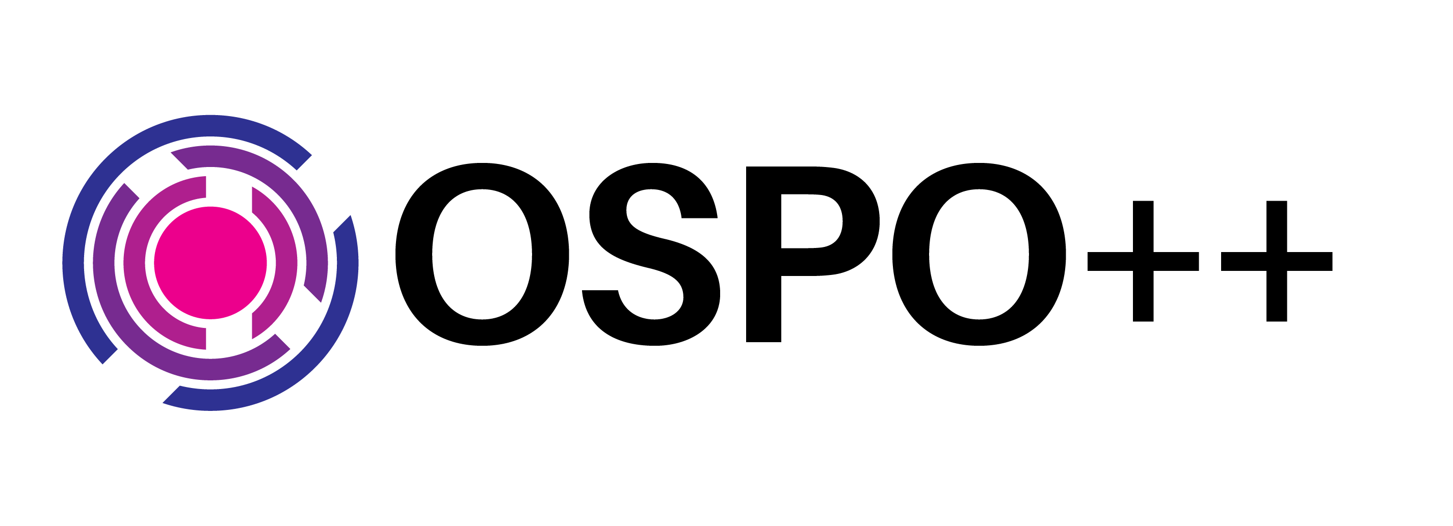 To the left, a pink dot surrounded by concentrated purple circles. To the right, the text reads "OSPO++"