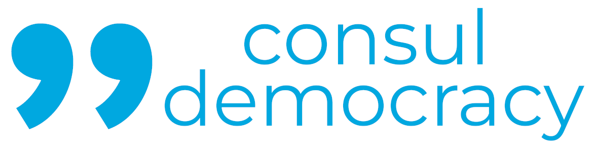 To the left, a light blue icon of quotation marks. To the right, the light blue text reads "consul democracy."