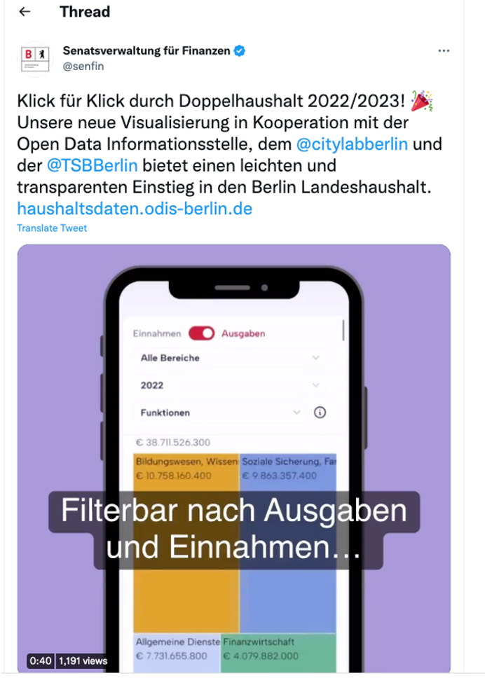 Screenshot of the Haushaltsdaten Berlin's tweet.