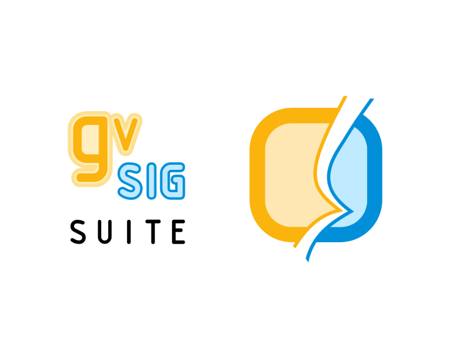 Yellow and blue text reads gvSIG Suite on the left, with a yellow and blue square on the right 