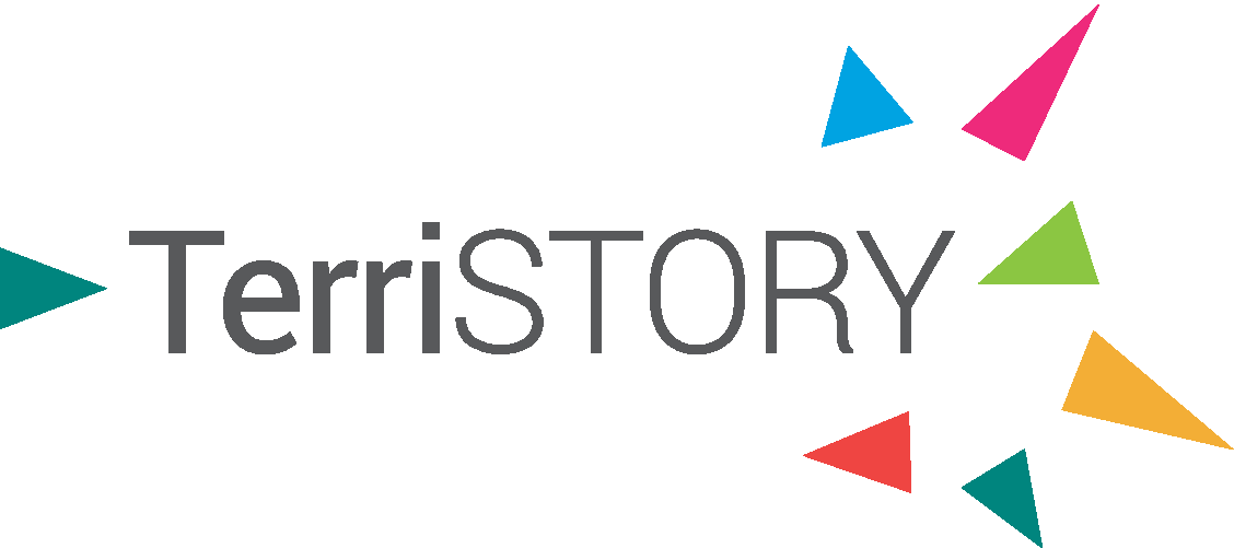 The logo is a dark grey text that reads "TerriSTORY," with colorful triangles resembling fireworks to the right of the logo.