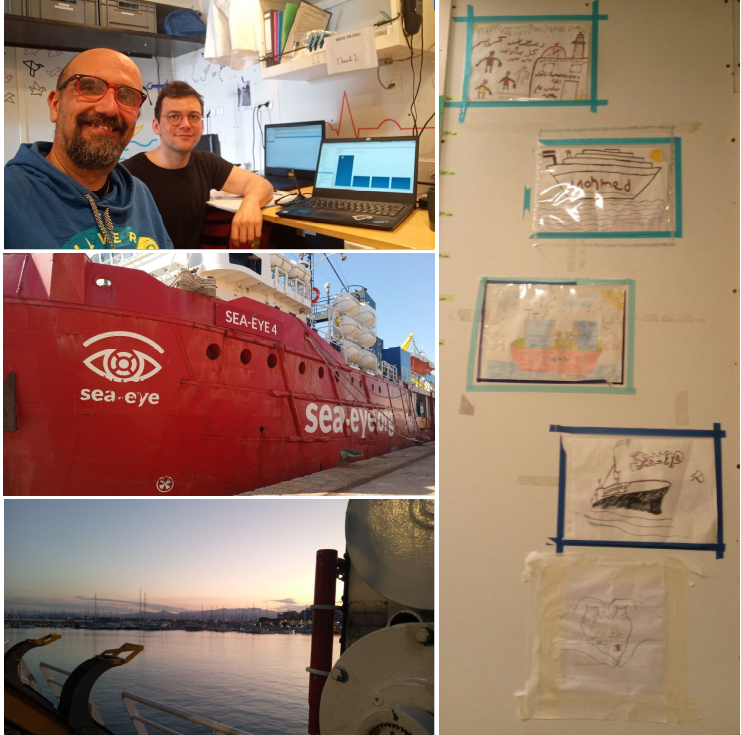 Collages of pictures taken at the Sea-Eye4. From a GNU Health training session to the seaeye4 boat and some drawings  on a wall that were done by rescued children