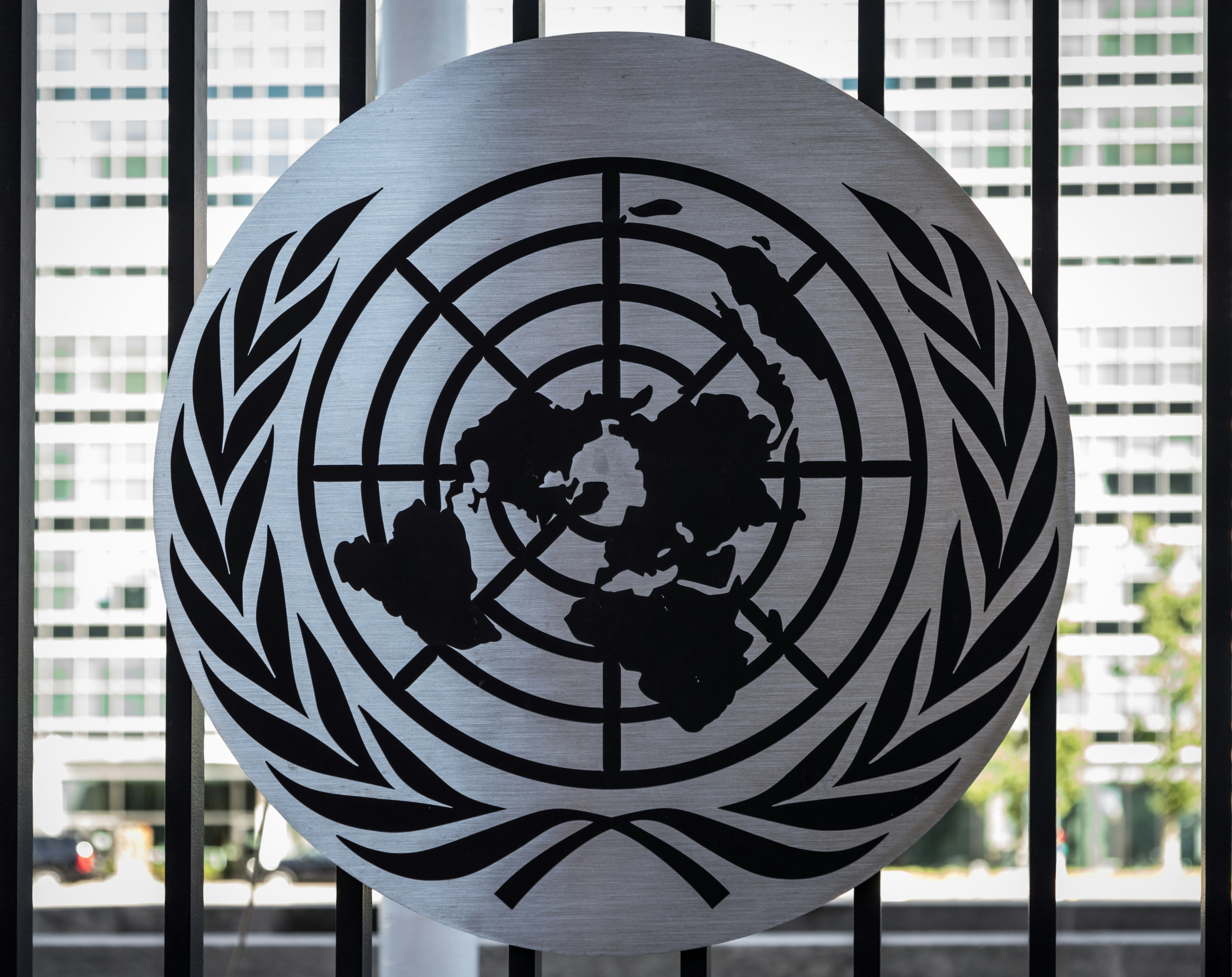 United Nations logo at the UN headquarter in New York City