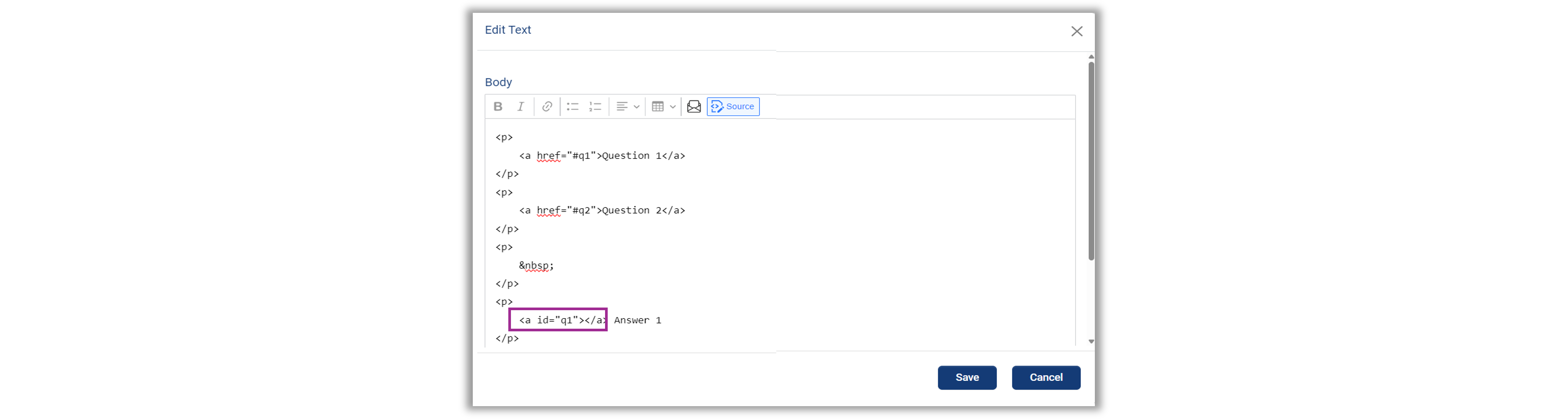 Connecting the anchor tag IDs