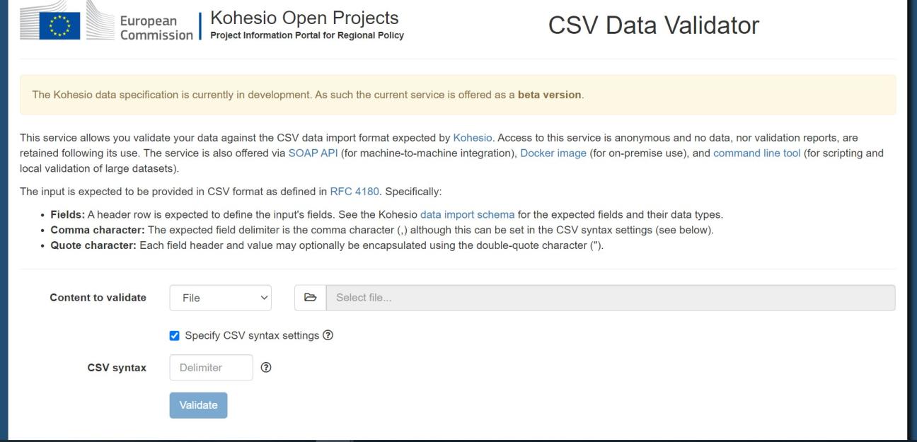 Validator GUI overview with "specify CSV syntax" box ticked.