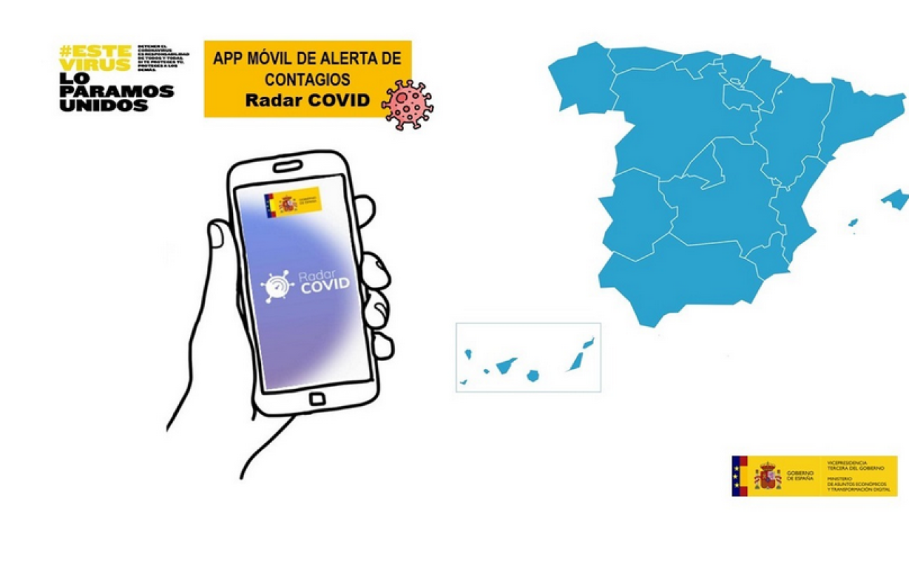 Some logo's and a drawing of a hand holding a smartphone, in front of a blue map of Spain