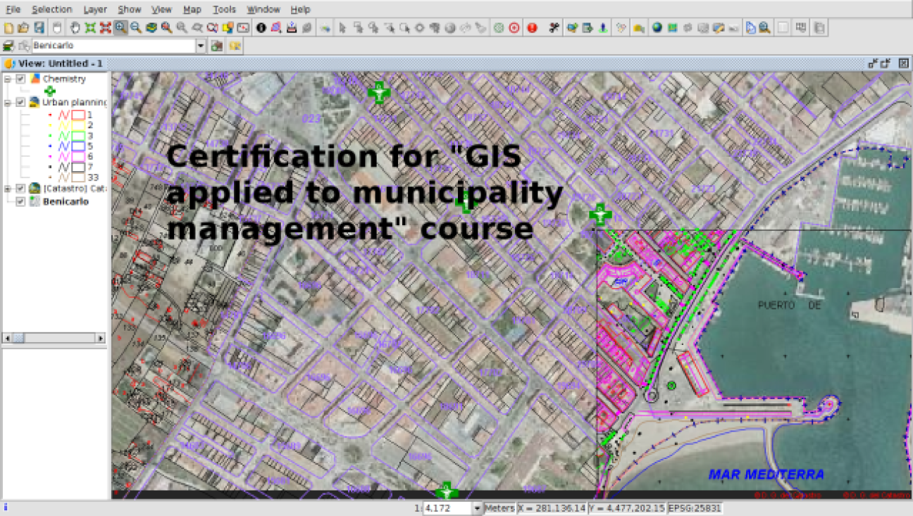 An image from the gvSIG website, showing a map with purple colors, and the text about certitication