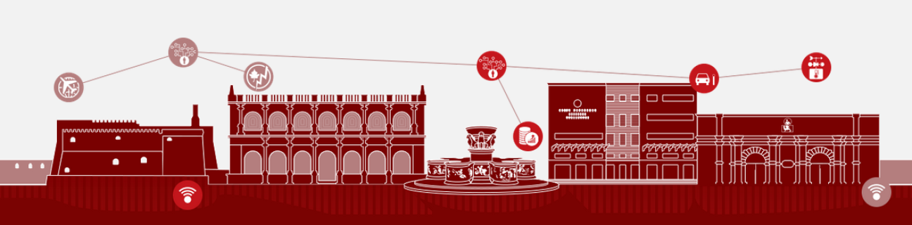 This is the footer of the Heraklion smart city website, a schematic drawing of buildings and ICT symbols