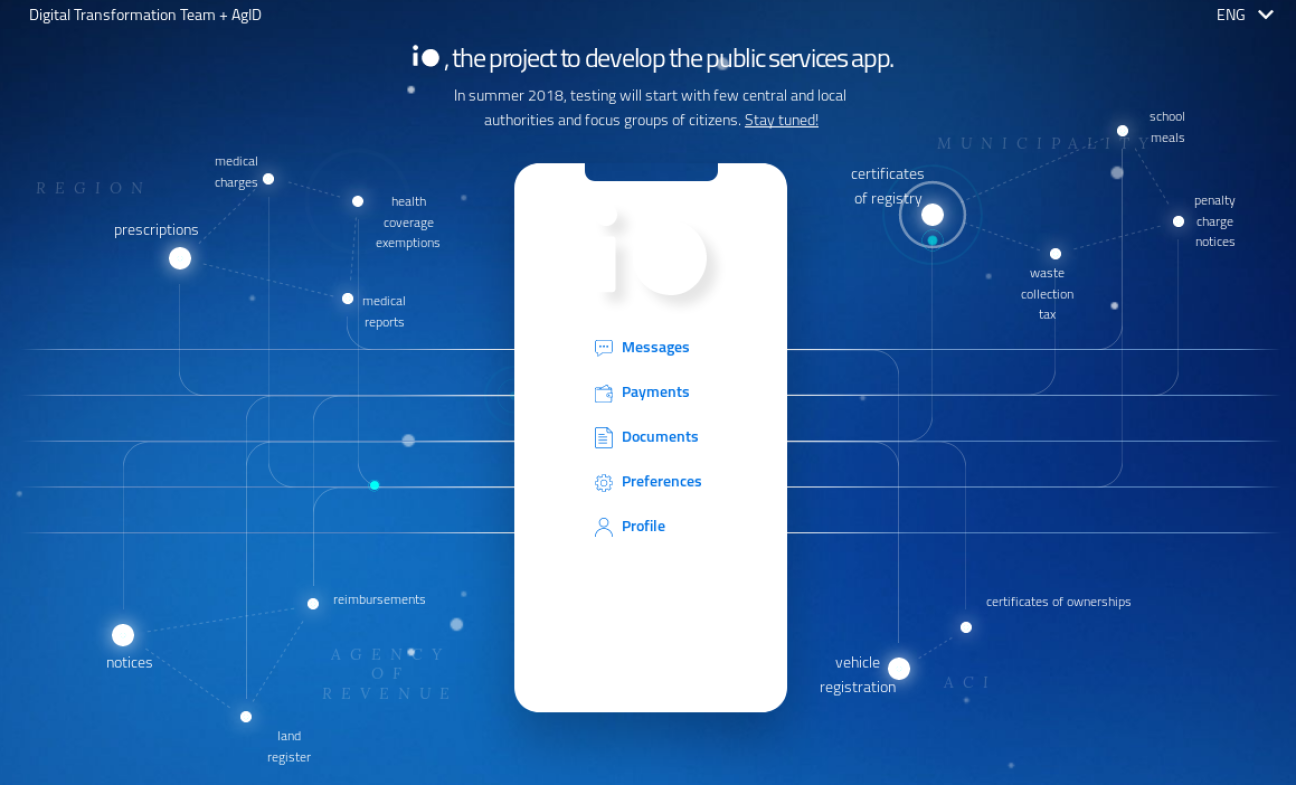 Screenshot from the IO website, showing the mobile app and links to some of the services it provides