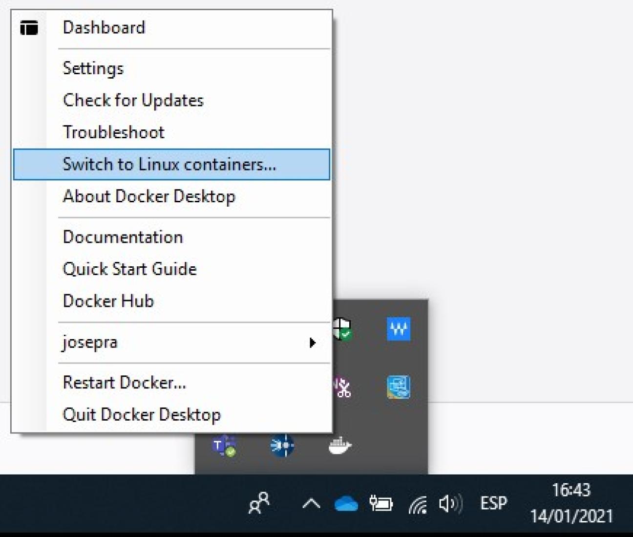 Docker's menu to switch to Linux containers