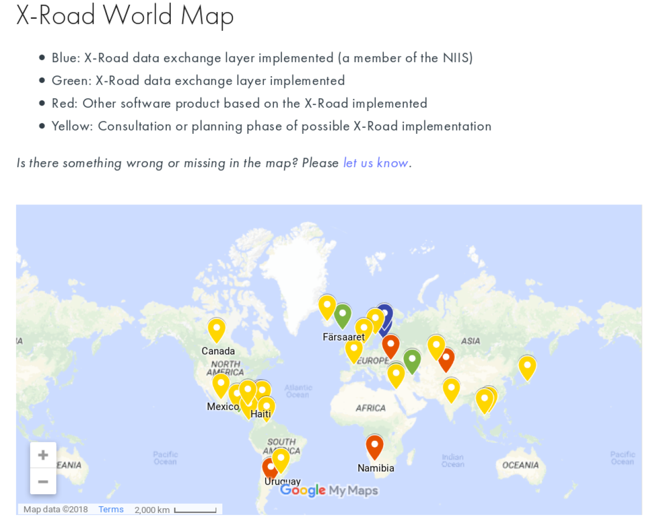 The image shows a world map with pins showing countries that use, or are considering to use, X-Road