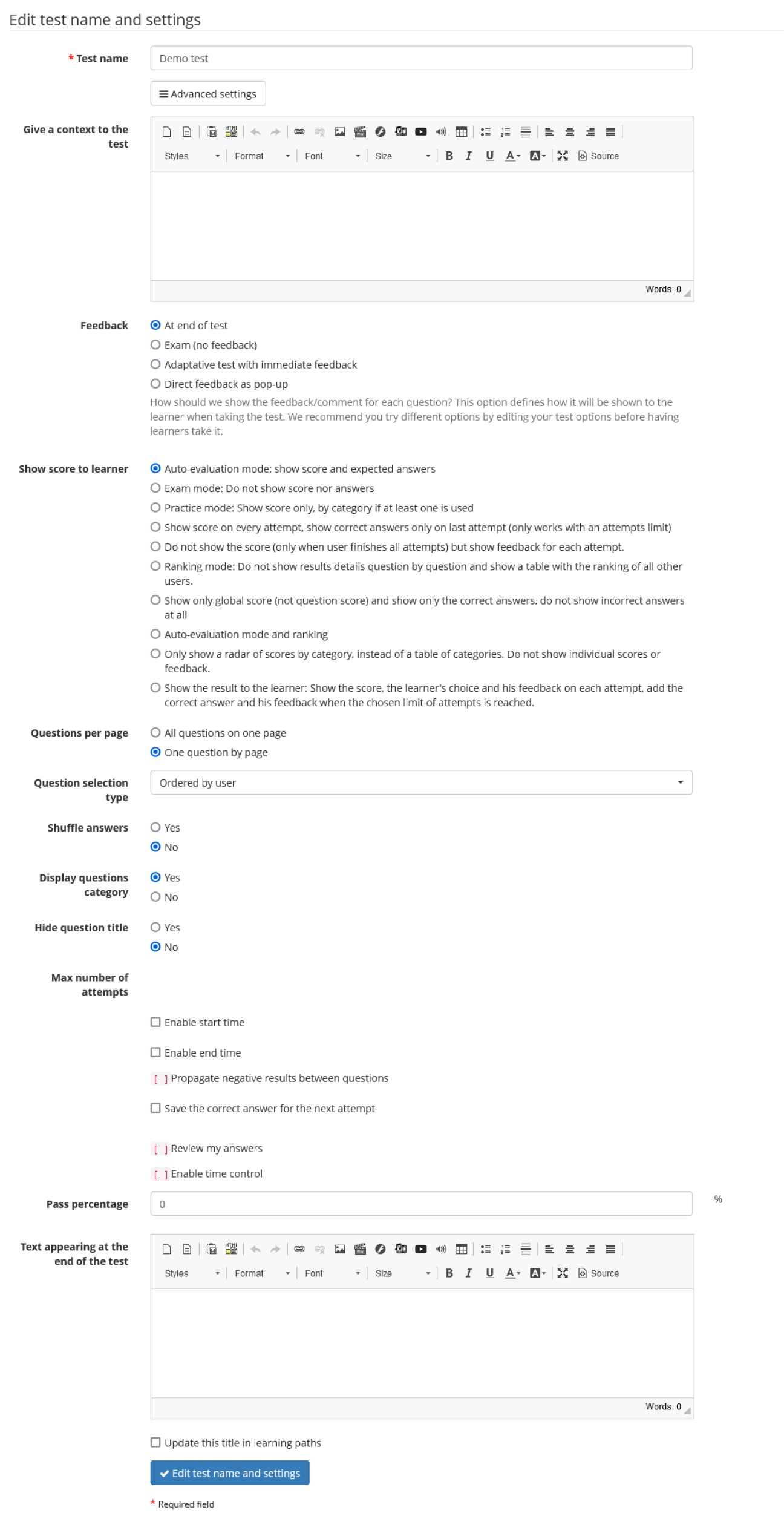 Chamilo LMS -Example Course - Tests management