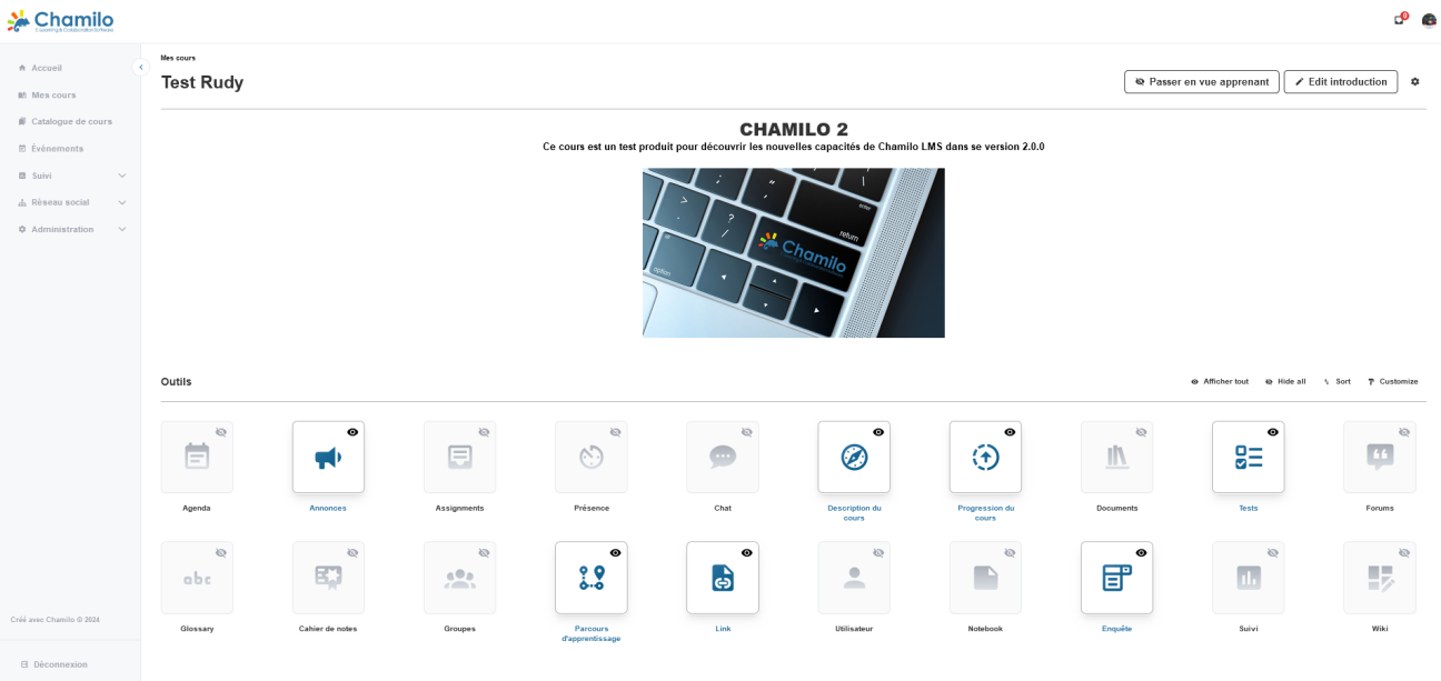 Présentation de l'interface de cours de Chamilo 2.0