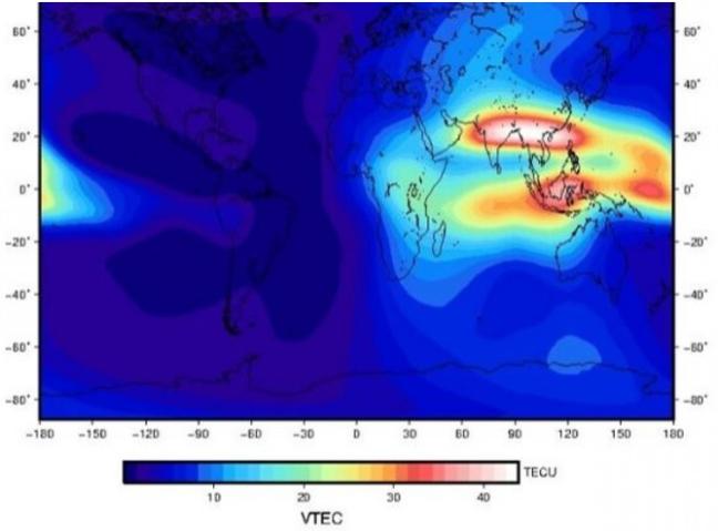 Global ionospheric map calculated with NeQuick G for the 18 09 2019 at 07 UT (DOY 261, 2019).