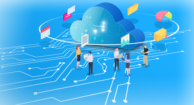 The image shows documents encircling a cloud that hovers above a scematic representation of a printed circuit board. In the foregound five persons are talking - two persons holding an opened laptop.