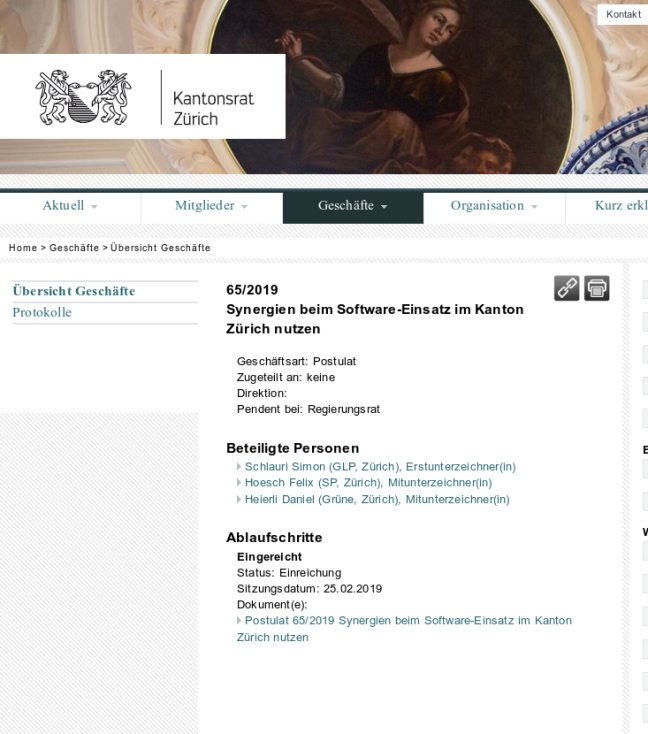 This is a screenshot from the Canton website, showing a banner image, the proposal, dates and list of names of the MPs
