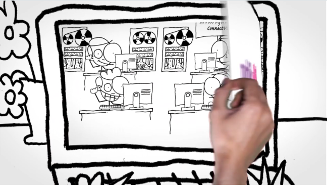 An image from a video illustrates how Publik Entrouver is open source: a hand lifts the logo, revealing the machine room
