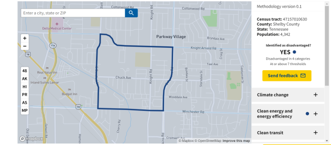 An example of how the interactive map is used, presenting Shelby County, Tennessee