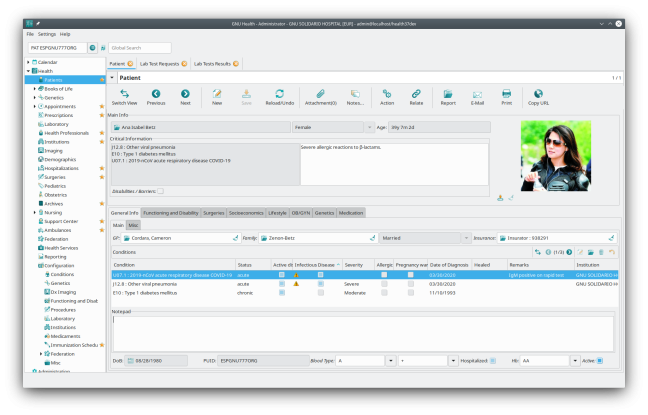 GNU Health patient main screen sample
