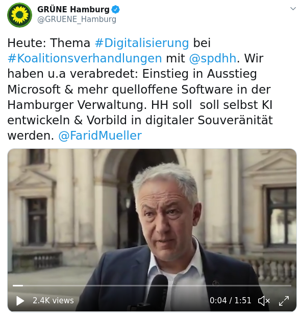 An image from Twitter, announcing the focus on open source software and showing Farid Müller, elected member of the Green party 