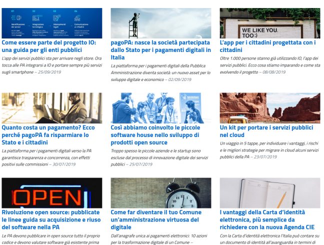 A selection of tiles from the Team Digitale website, showing their many projects and activities.