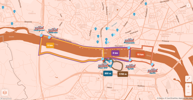 Screenshot of a map with training grounds and running tracks in Bratislava