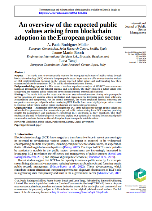 An overview of the expected public values arising from blockchain adoption in the European public sector