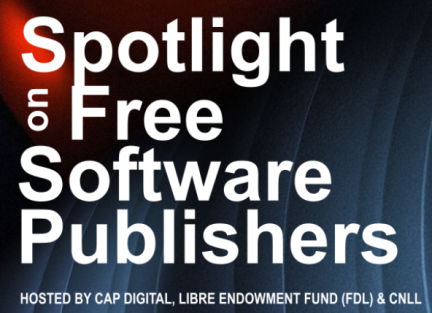 Dark image with the words Spotlght on free software publishers, organised by DFL and CNLL