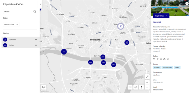 Screenshot of a map with Bratislava's swimming pools