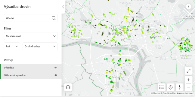 Screenshot of a map with tree cover/foliage in Bratislava